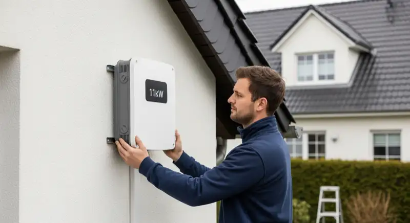 Installateur montiert Wallbox an der Hauswand eines Einfamilienhauses in Herford
