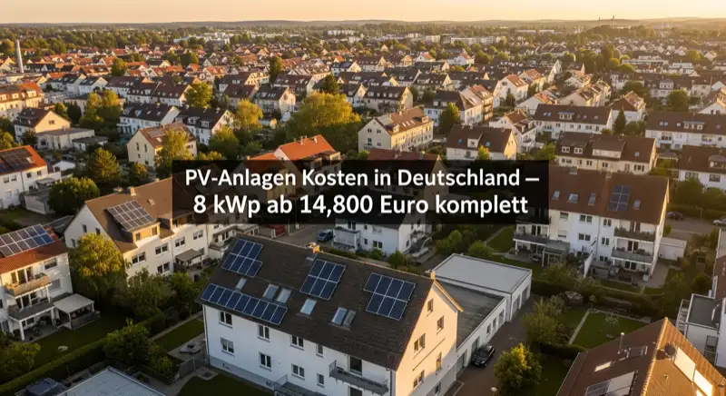 Aerial drone view of typical German residential neighborhood with mixed roof types, red and dark roof tiles, gardens visible, sunny day