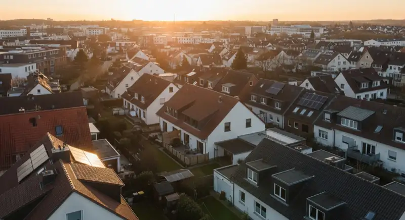 Aerial drone view of typical German residential neighborhood with mixed roof types, red and dark roof tiles, gardens visible, sunny day
