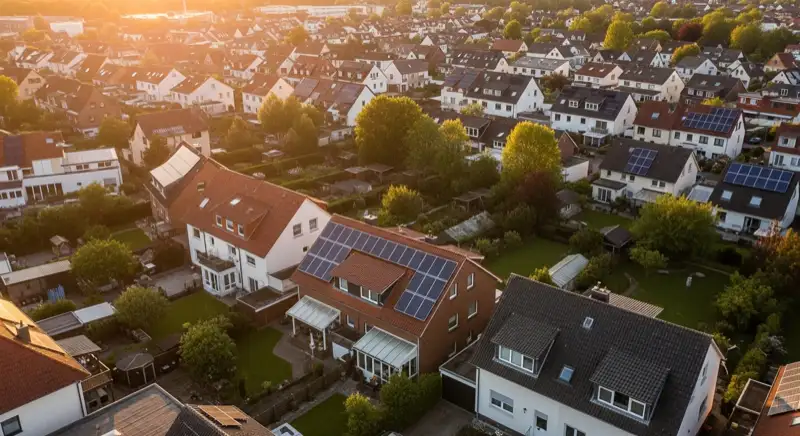 Aerial drone view of typical German residential neighborhood with mixed roof types, red and dark roof tiles, gardens visible, sunny day