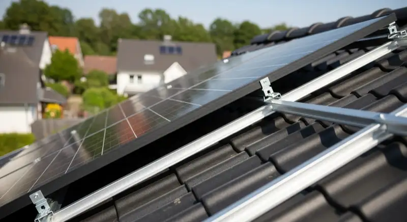 Installateur montiert PV-Module auf Wohnhausdach in Herten