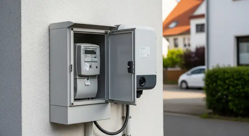 Modern German electrical meter cabinet (Zählerschrank) with smart meter and solar inverter connection, clean technical installation