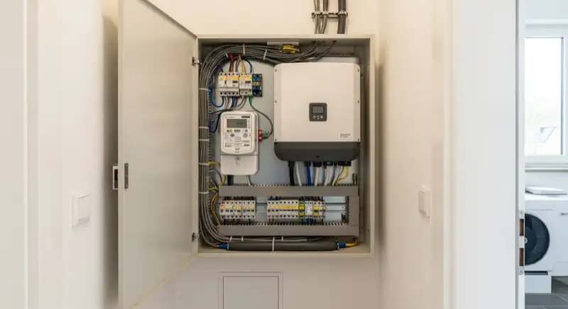 Modern German electrical meter cabinet (Zählerschrank) with smart meter and solar inverter connection, clean technical installation