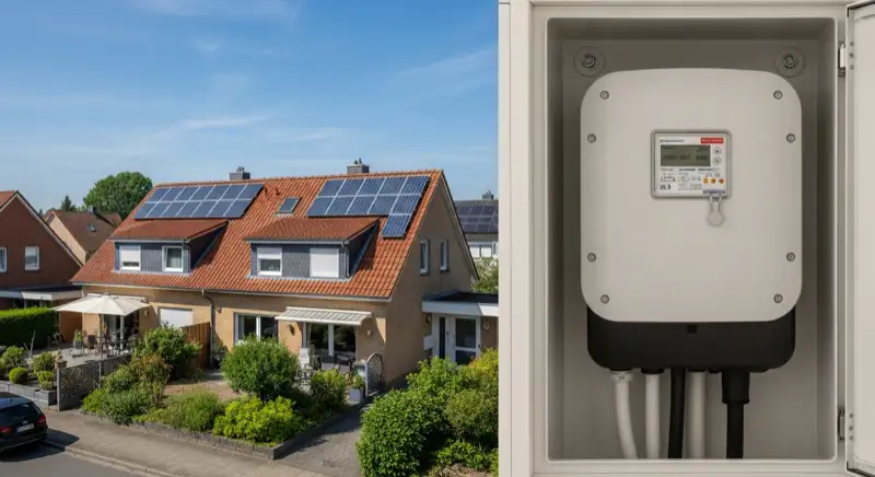 Modern German electrical meter cabinet (Zählerschrank) with smart meter and solar inverter connection, clean technical installation
