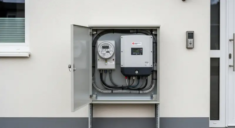 Modern German electrical meter cabinet (Zählerschrank) with smart meter and solar inverter connection, clean technical installation