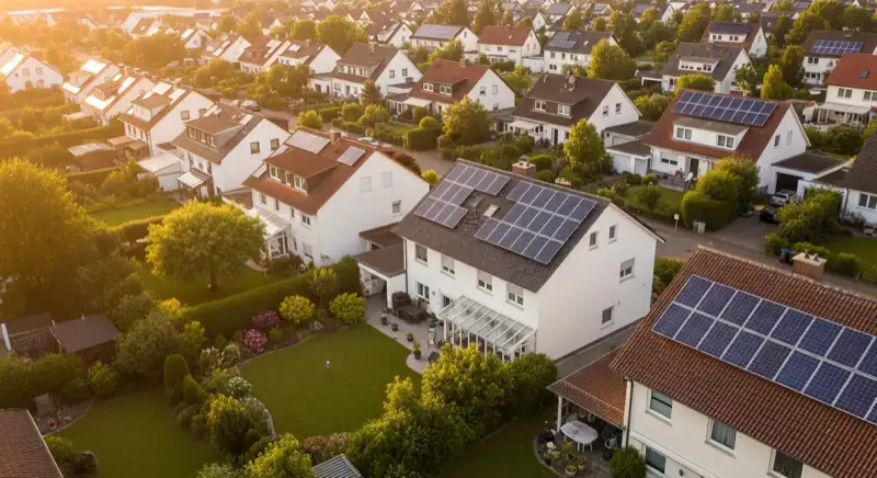 Aerial drone view of typical German residential neighborhood with mixed roof types, red and dark roof tiles, gardens visible, sunny day