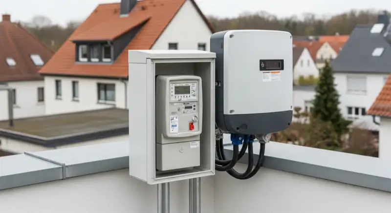 Modern German electrical meter cabinet (Zählerschrank) with smart meter and solar inverter connection, clean technical installation