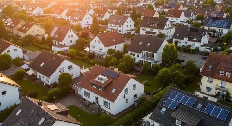 Aerial drone view of typical German residential neighborhood with mixed roof types, red and dark roof tiles, gardens visible, sunny day