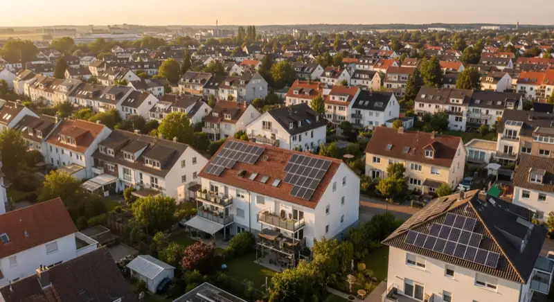 Aerial drone view of typical German residential neighborhood with mixed roof types, red and dark roof tiles, gardens visible, sunny day