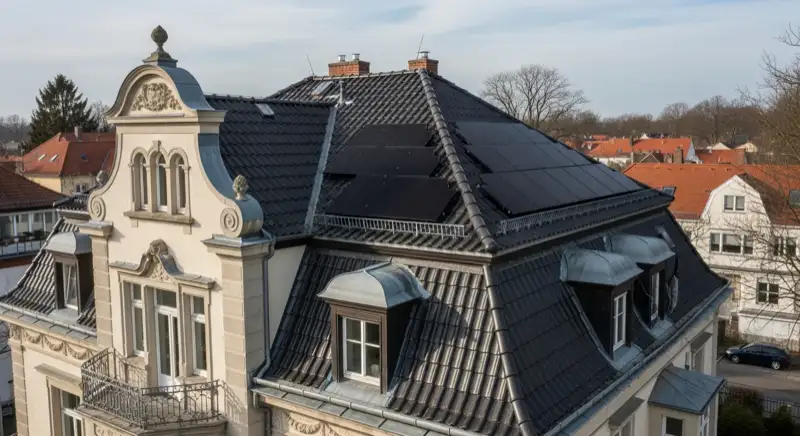Gründerzeit-Villa in Hof mit dezent integrierten schwarzen PV-Modulen auf dem Rückdach