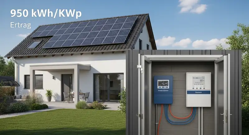 Modern German electrical meter cabinet (Zählerschrank) with smart meter and solar inverter connection, clean technical installation