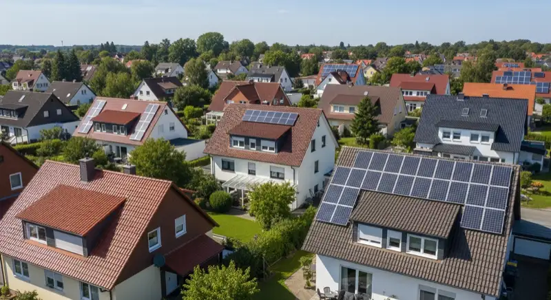 Aerial drone view of typical German residential neighborhood with mixed roof types, red and dark roof tiles, gardens visible, sunny day