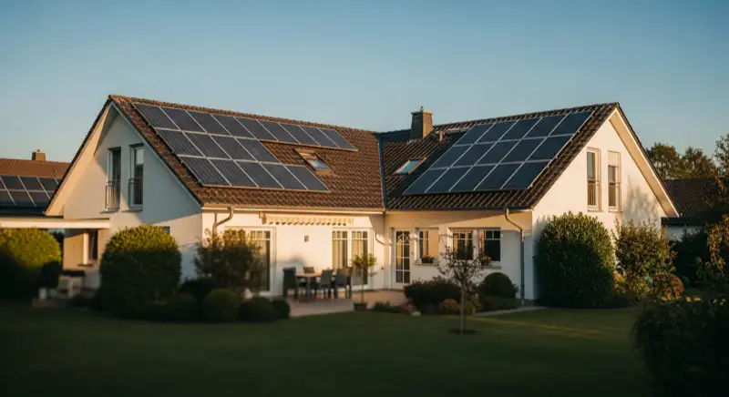 German detached house (Einfamilienhaus) with photovoltaic panels on pitched roof, well-maintained garden, warm afternoon sunlight