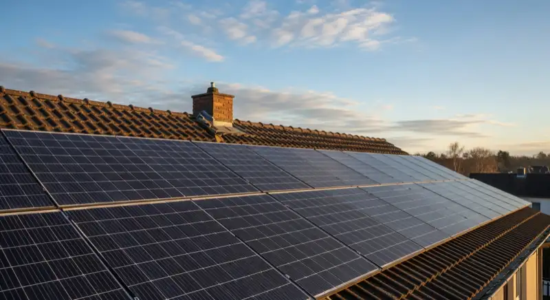 Close-up of photovoltaic solar panels installed on a traditional German Satteldach (gabled roof), blue sky with some clouds