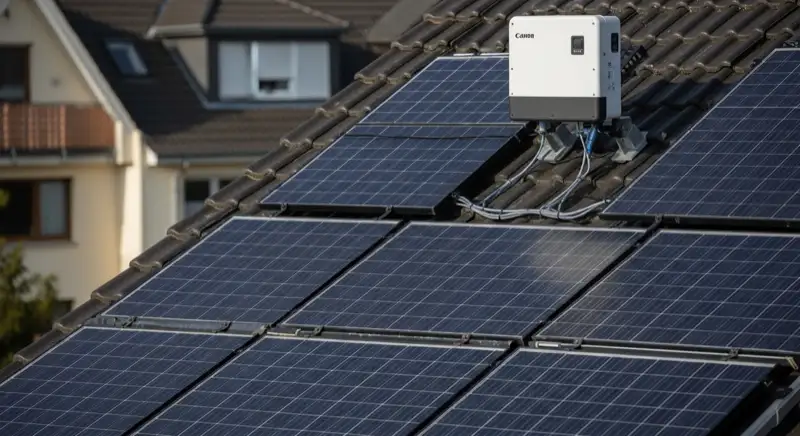 PV-Module auf 42° geneigtem Dach mit sichtbaren String-Verkabelungen und Wechselrichter