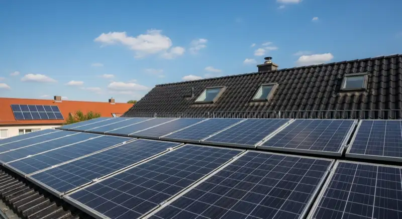 Close-up of photovoltaic solar panels installed on a traditional German Satteldach (gabled roof), blue sky with some clouds