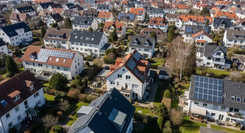 Aerial drone view of typical German residential neighborhood with mixed roof types, red and dark roof tiles, gardens visible, sunny day