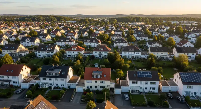 Aerial drone view of typical German residential neighborhood with mixed roof types, red and dark roof tiles, gardens visible, sunny day