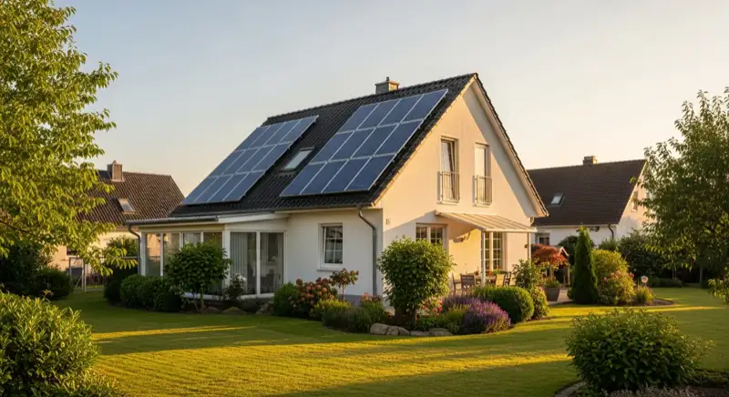 German detached house (Einfamilienhaus) with photovoltaic panels on pitched roof, well-maintained garden, warm afternoon sunlight