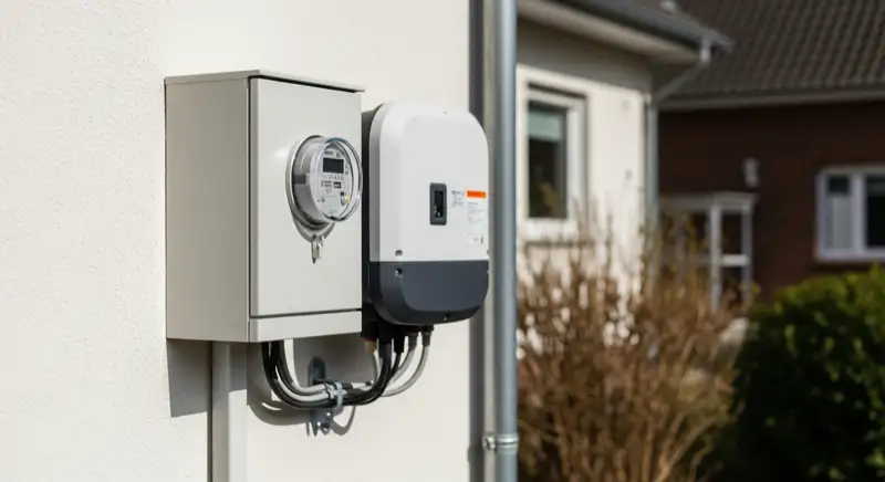 Modern German electrical meter cabinet (Zählerschrank) with smart meter and solar inverter connection, clean technical installation
