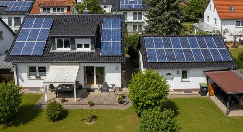 Lausitzer Einfamilienhaus bei Hoyerswerda mit PV-Modulen auf Hauptdach und Nebengebäude