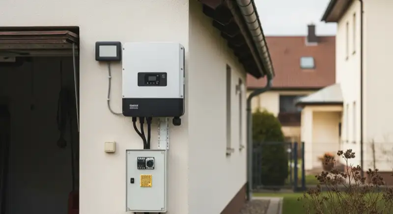 Modern solar inverter mounted on garage wall next to electrical panel, clean professional installation, natural daylight