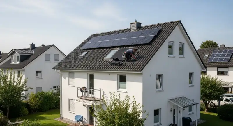 Installateur prüft die Unterkonstruktion an einem Wohnhaus in Ilmenau