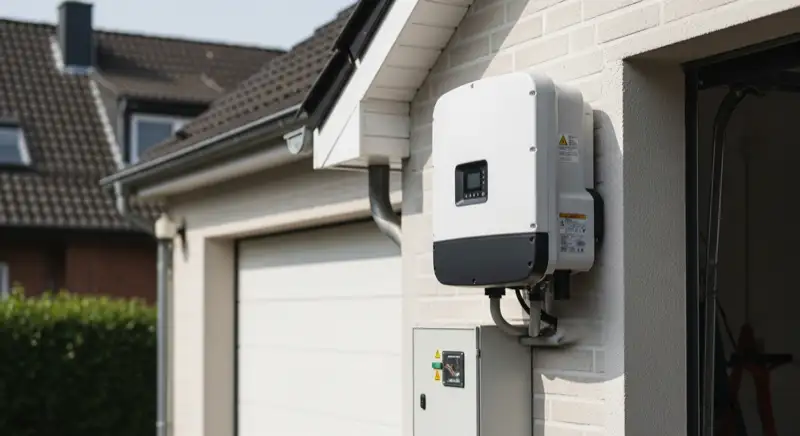 Modern solar inverter mounted on garage wall next to electrical panel, clean professional installation, natural daylight