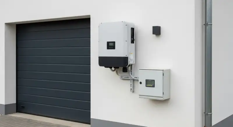 Modern solar inverter mounted on garage wall next to electrical panel, clean professional installation, natural daylight