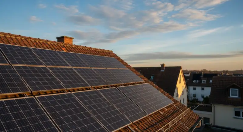 Close-up of photovoltaic solar panels installed on a traditional German Satteldach (gabled roof), blue sky with some clouds