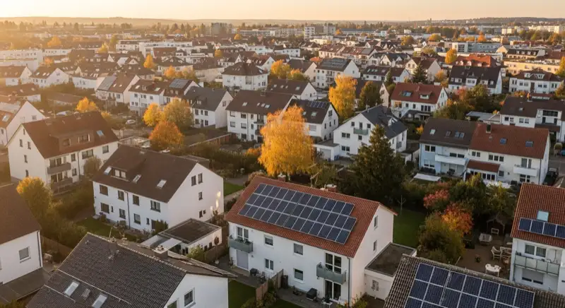 Aerial drone view of typical German residential neighborhood with mixed roof types, red and dark roof tiles, gardens visible, sunny day