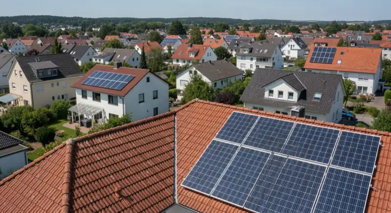 Aerial drone view of typical German residential neighborhood with mixed roof types, red and dark roof tiles, gardens visible, sunny day