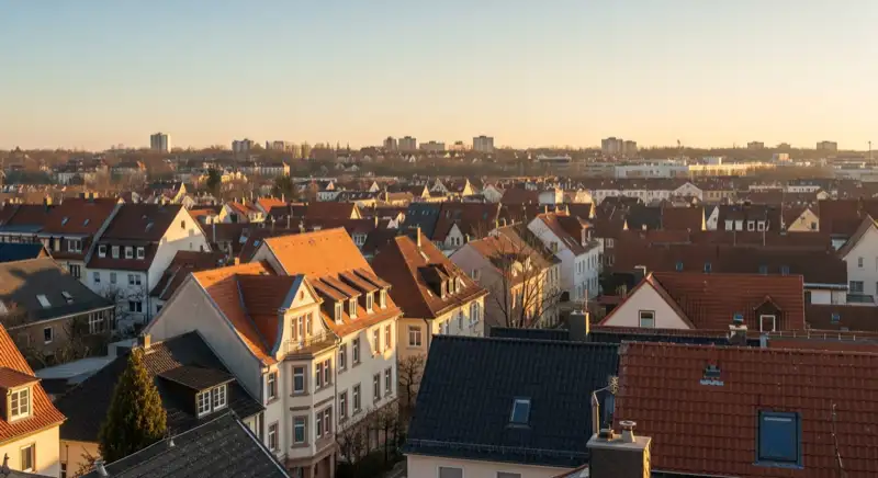 Aerial drone view of typical German residential neighborhood with mixed roof types, red and dark roof tiles, gardens visible, sunny day