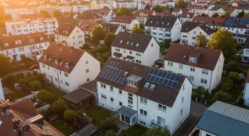 Aerial drone view of typical German residential neighborhood with mixed roof types, red and dark roof tiles, gardens visible, sunny day
