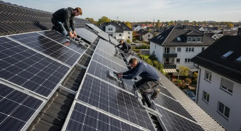 Installateure montieren PV-Module auf Schrägdach in Kaiserslautern