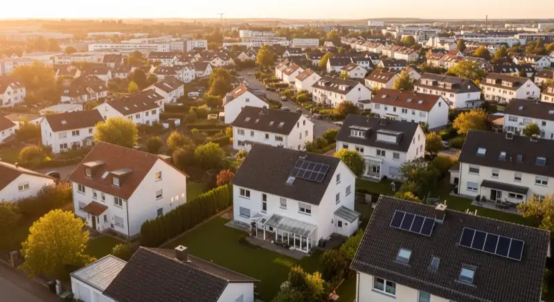 Aerial drone view of typical German residential neighborhood with mixed roof types, red and dark roof tiles, gardens visible, sunny day