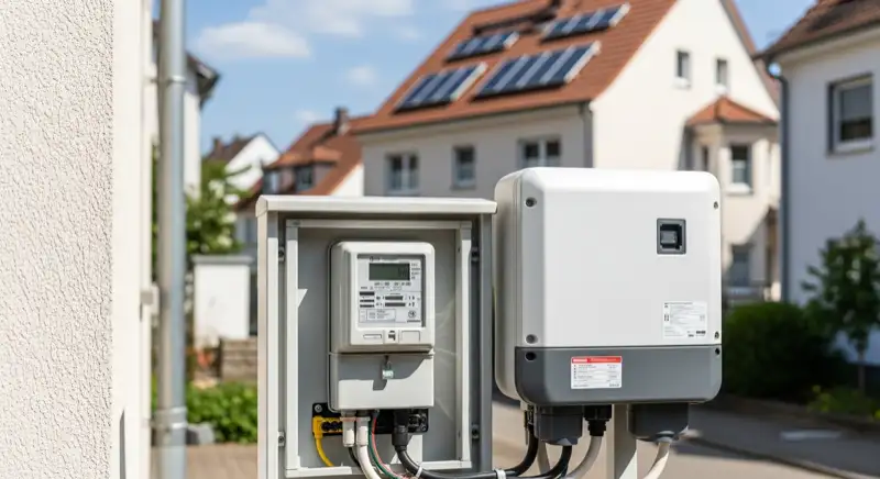 Modern German electrical meter cabinet (Zählerschrank) with smart meter and solar inverter connection, clean technical installation
