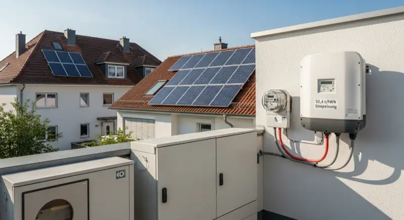 Modern German electrical meter cabinet (Zählerschrank) with smart meter and solar inverter connection, clean technical installation