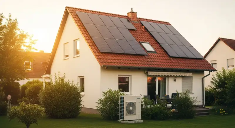 Einfamilienhaus in Karlsruhe mit PV-Anlage auf dem Dach und Wärmepumpen-Außeneinheit im Garten