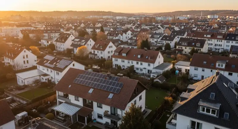Aerial drone view of typical German residential neighborhood with mixed roof types, red and dark roof tiles, gardens visible, sunny day