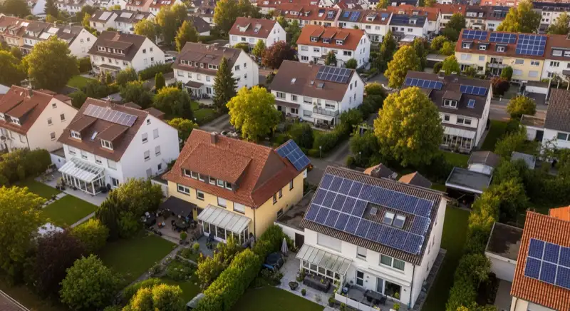 Aerial drone view of typical German residential neighborhood with mixed roof types, red and dark roof tiles, gardens visible, sunny day