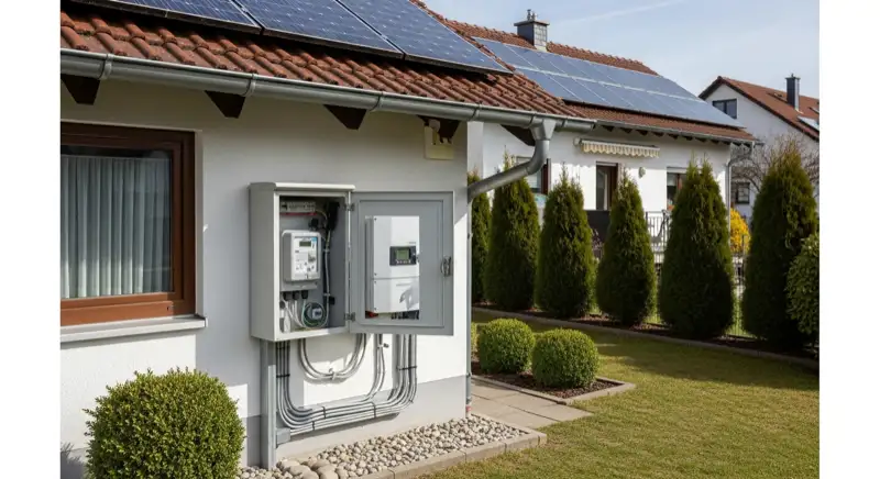 Modern German electrical meter cabinet (Zählerschrank) with smart meter and solar inverter connection, clean technical installation