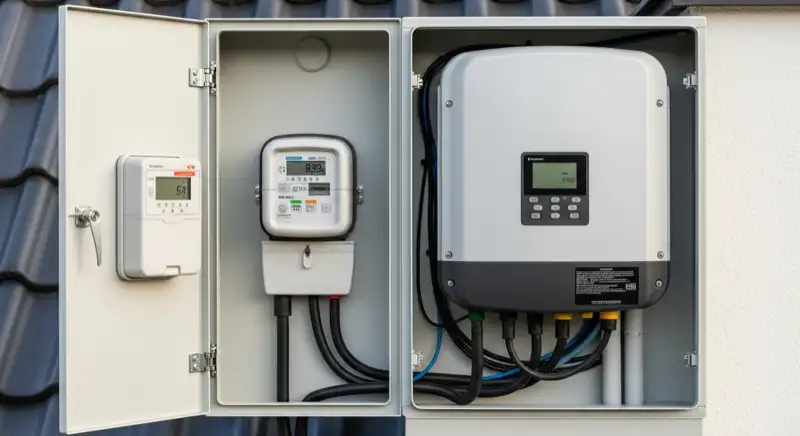 Modern German electrical meter cabinet (Zählerschrank) with smart meter and solar inverter connection, clean technical installation