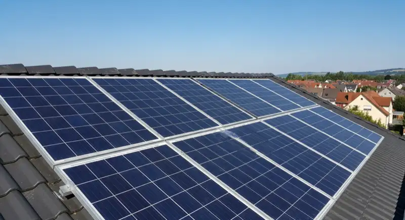 Aerial drone view of typical German residential neighborhood with mixed roof types, red and dark roof tiles, gardens visible, sunny day