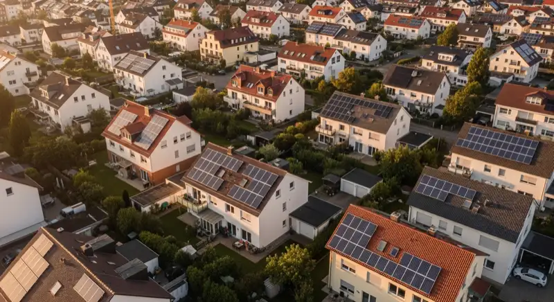 Aerial drone view of typical German residential neighborhood with mixed roof types, red and dark roof tiles, gardens visible, sunny day