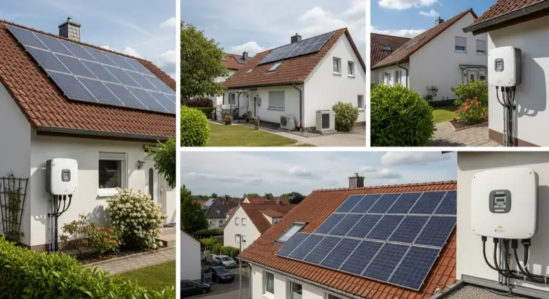Modern German electrical meter cabinet (Zählerschrank) with smart meter and solar inverter connection, clean technical installation