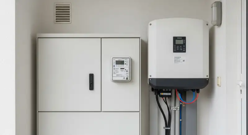 Modern German electrical meter cabinet (Zählerschrank) with smart meter and solar inverter connection, clean technical installation