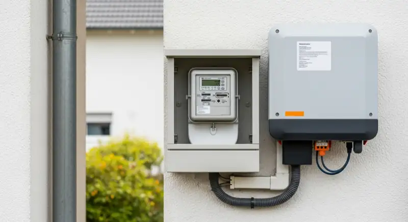 Modern German electrical meter cabinet (Zählerschrank) with smart meter and solar inverter connection, clean technical installation