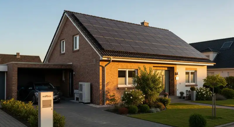 Modernes Einfamilienhaus mit PV-Anlage auf dem Dach und Wallbox in der Einfahrt in Kerpen
