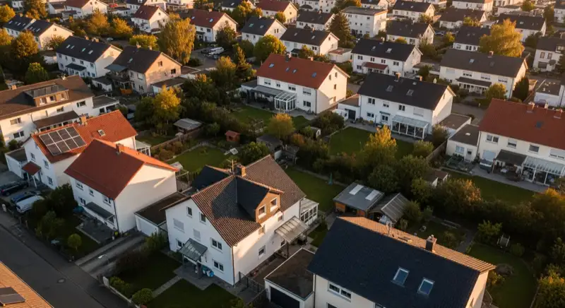 Aerial drone view of typical German residential neighborhood with mixed roof types, red and dark roof tiles, gardens visible, sunny day